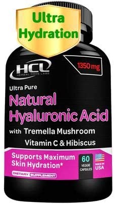 Natural Hyaluronic Acid Supplement 5X Stronger Hydration Pills from Pure Tremella Mushroom with Vitamin C & Hibiscus – Anti-Aging Skin Supplement Anti Wrinkle Capsules