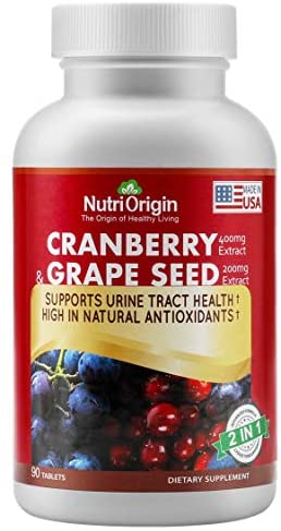 NutriOrigin 2 in 1 Cranberry, Grape Seed Extract Tablets for Urine Tract Health Allergen Free Dietary Supplements from Organic Source, Portable Bottle with 90 Counts, Small Tablets, Made in USA