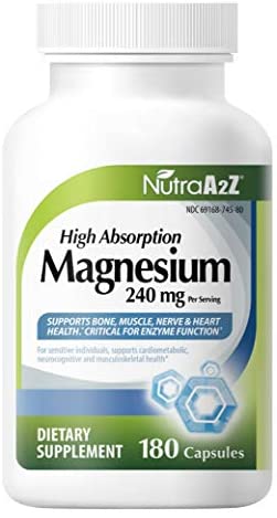 NutraA2Z Magnesium 240mg -180 Capsules – High Absorption Dietary Supplement – Supports Muscle Pain, Bone Health, Nerve & Heart Health – 100% Chelated Magnesium |Made in USA|