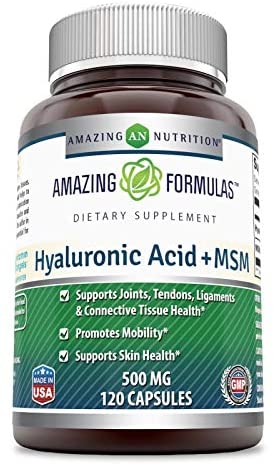 Amazing Nutrition Hyaluronic Acid & MSM Dietary Supplement – 500 Milligrams – 120 Capsules – Provides Joint, Tendon & Ligament Support – Promotes Flexibility – Skin Health Supplements